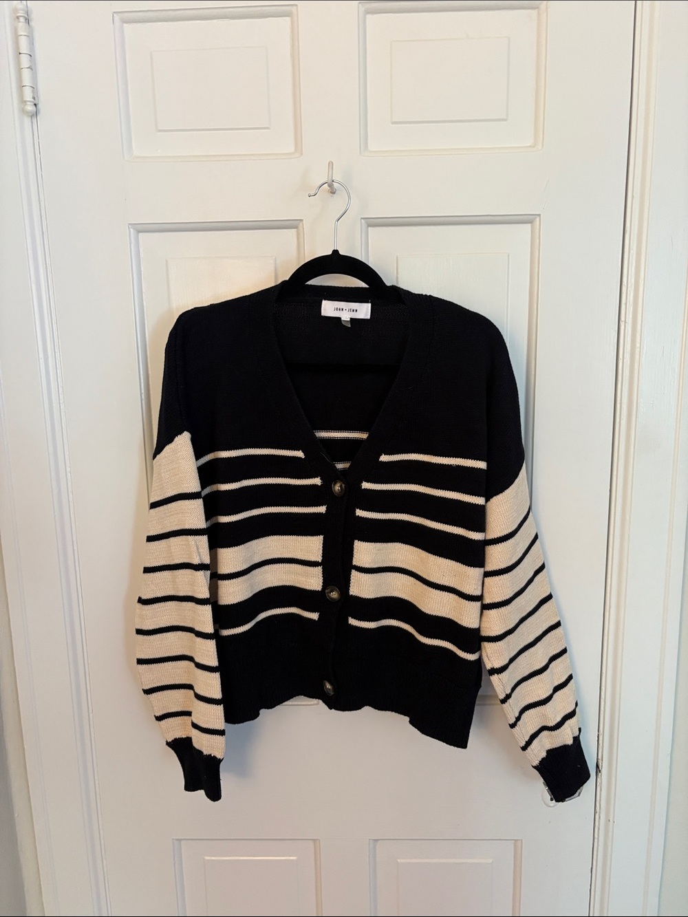 John + Jenn Black and Cream Striped Button Cardigan